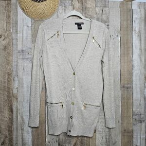 Grace Elements Button Up V-Neck Long Sleeve Cardigan Sweater Beige Size Small